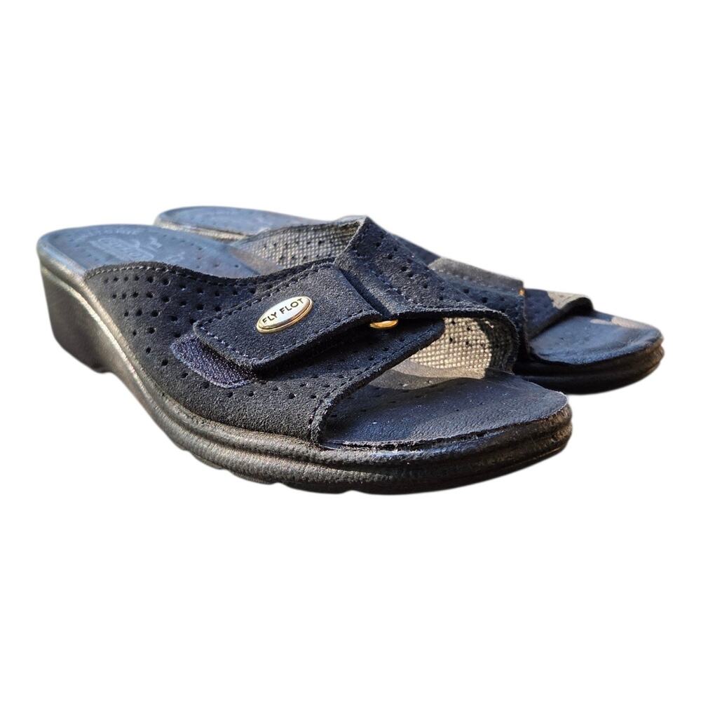 Flot Silvia Sandals Womens EU 38 Blue Suede Leather Slip On Wedge Heel Slide